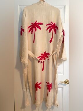 Brand NEW Turkish Cotton Robe, Cream with Hot Pink Palm Tree Print Kimono Robe